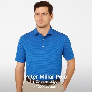 Peter Millar Blue Striped Collared Polo Shirt Size Large 100% Cotton